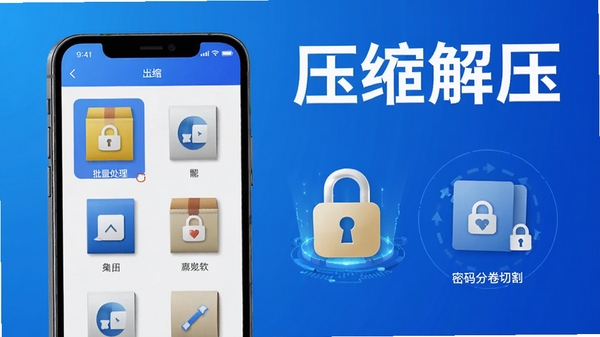 压缩解压软件功能展示图,手机屏幕中显示多个压缩包被批量选中,旁边出现密码锁图标和分卷切割示意,蓝色渐变背景,科技感十足,突出批量处理和加密功能,软件名称“压缩解压”醒目显示