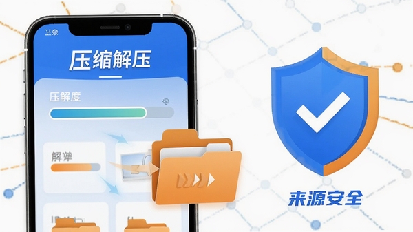 压缩解压软件操作教程示意图,手机屏幕显示解压进度条和文件夹展开动画,旁边有安全盾牌图标提示来源安全,蓝色和橙色搭配,突出安全解压和操作便捷,软件名称“压缩解压”显示在顶部