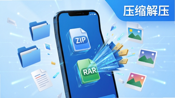 压缩解压软件手机界面展示,蓝色科技风格,手机屏幕中显示ZIP和RAR文件图标被快速解压展开,周围环绕文件夹、文档、图片等元素,背景干净明亮,突出文件管理主题,软件名称“压缩解压”清晰可见