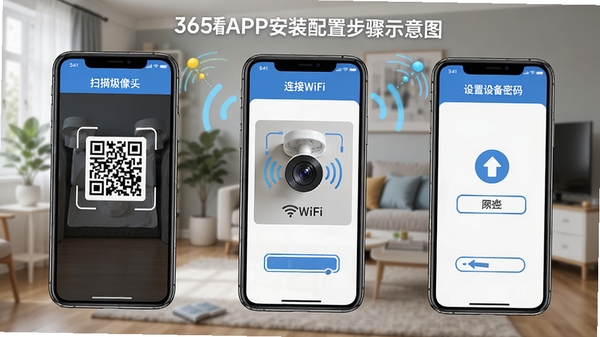 365����APP��װ���ò���ʾ��ͼ���ֻ���Ļ��ʾɨ������ͷ��ά�롢����WiFi�������豸�����������棬���������ˣ�����Ϊ��ͥ���绷��