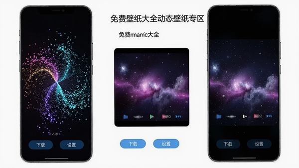 免费壁纸大全动态壁纸专区,展示手机屏幕上播放的炫酷粒子动画壁纸和唯美星空视频壁纸,界面带有下载和设置按钮,突出动态效果