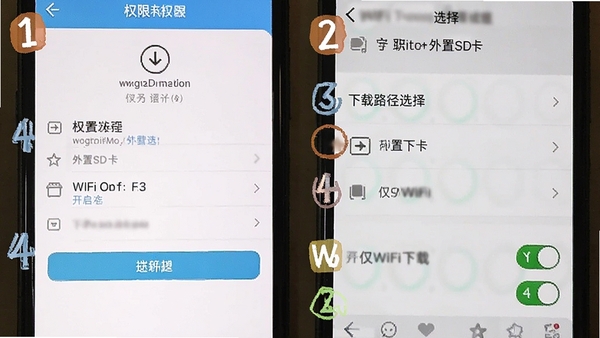 免费壁纸大全新手设置教程截图,展示手机权限授予界面、下载路径选择外置SD卡、仅WiFi下载开关开启状态,界面标注清晰步骤序号