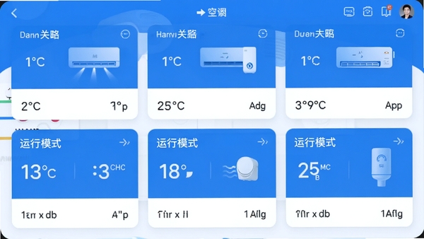空调遥控板App多设备管理界面,展示多台空调设备卡片式排列,每张卡片显示设备名称、当前温度、运行模式,界面清爽,配色以蓝白为主