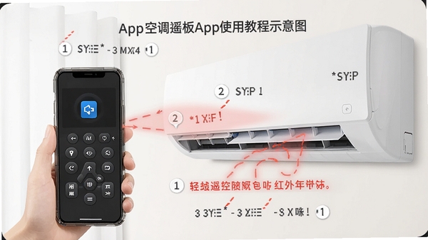 空调遥控板App使用教程示意图,展示手机对准空调接收窗进行红外配对,画面中有步骤标注和提示文字,风格简洁清晰