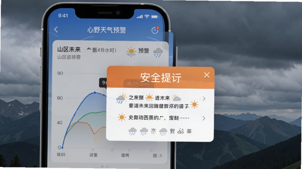 心野APP天气预警界面,手机屏幕显示山区未来天气曲线与安全提示弹窗,背景为阴云密布的山脉,突出预警功能,画面色调偏冷