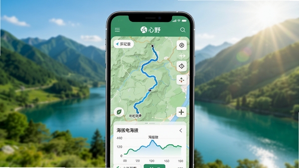 心野户外APP主界面截图,展示地图轨迹记录与海拔数据面板,背景为青山绿水,手机屏幕清晰显示心野logo与实时轨迹曲线,阳光明媚,户外场景