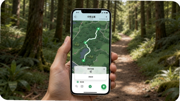 心野APP移动端操作示意图,手持手机在户外使用心野记录轨迹,屏幕显示权限设置与离线地图下载界面,背景为森林小径,突出移动端使用场景