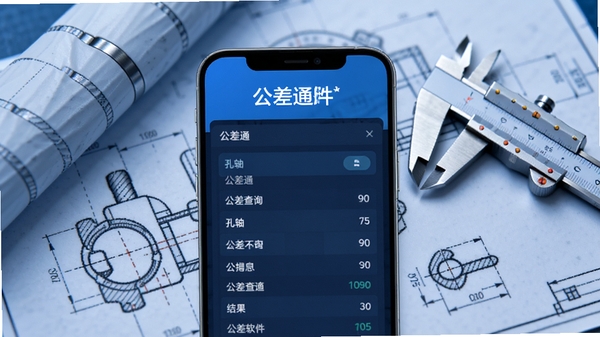 公差通软件界面展示,手机屏幕显示孔轴公差查询结果,背景是机械图纸与游标卡尺,科技蓝风格,清晰展示软件名称公差通