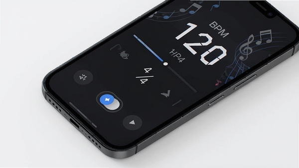 ȫ�ܽ�����APP����չʾ���ֻ���Ļ��ʾBPM����120���ĺ�4/4��������������������Ϊ��ɫ�������⣬�������ִ����������ַ���װ��