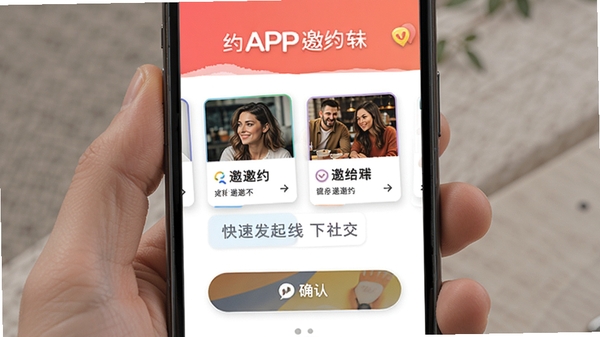 ��ԼAPP��Լ��Ƭ���ͽ��棬չʾ������Լ����ѡ���ȷ�ϰ�ť��ɫ�����죬���ֿ��ٷ��������罻�ı����