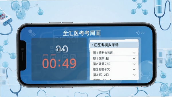 全汇医考模拟考场界面截图,手机屏幕显示倒计时与答题卡,背景为淡蓝色医学元素,突出全汇医考软件名称