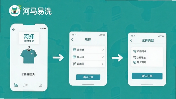 ������ϴAPP�µ�����ʾ��ͼ��չʾ�û�ѡ���������͡���д��ַ��ȷ�϶����Ĳ��裬���������������к�����ϴLOGO
