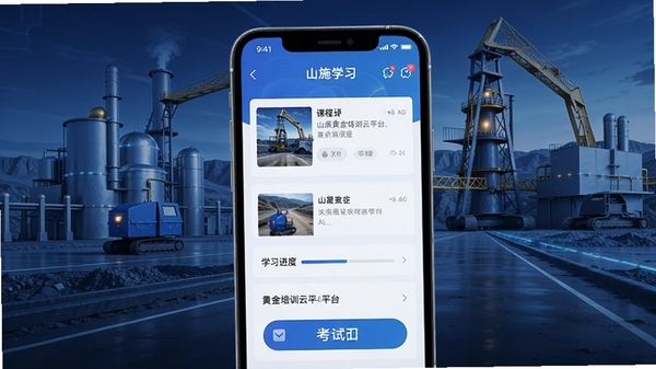 山东黄金培训云平台APP首页界面展示,手机屏幕中呈现课程列表、学习进度条和考试入口,背景为现代化矿山企业风格,蓝色科技感色调,突出移动学习场景