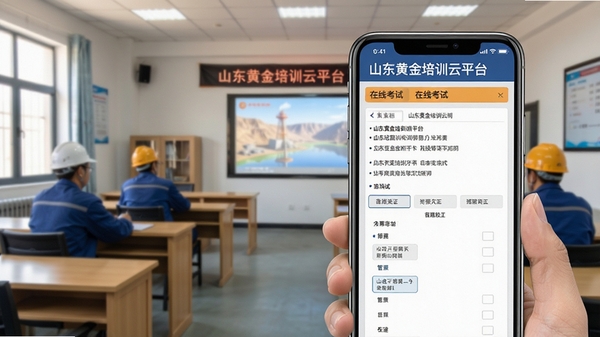 山东黄金培训云平台在线考试界面,手机显示考试题目和答题卡,背景为矿区培训教室场景,光线明亮,突出考试严肃性与便捷性