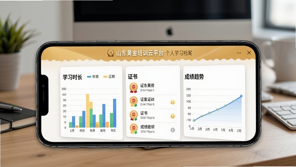 山东黄金培训云平台个人学习档案页面,展示学习时长统计图表、证书列表和成绩趋势图,手机屏幕特写,背景为办公桌面环境