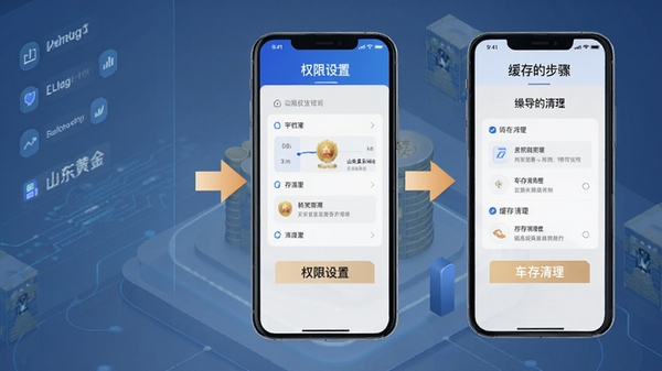 山东黄金培训云平台移动端操作示意图,展示手机权限设置界面和缓存清理步骤,背景为简洁的科技风格,突出操作指引