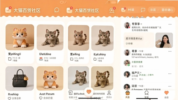 大猫百货社区APP首页展示琳琅满目的商品卡片和用户分享动态,界面清爽,色彩温馨,体现社区互动氛围