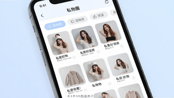 私物圈应用主界面截图,展示私密好物收藏列表与分类标签,清爽简约风格,手机屏幕展示,柔和色调,高清UI设计图
