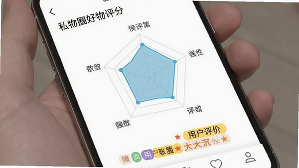 私物圈好物评分界面,展示四维评分雷达图与用户评价标签,手机APP截图,简洁现代风格