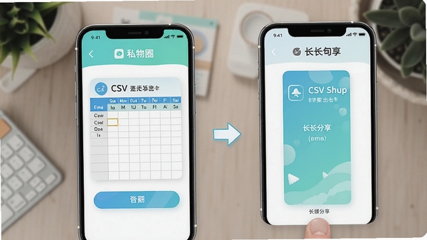 私物圈一键导出功能示意图,展示CSV表格与长图分享两种导出方式,手机界面操作演示,清新配色