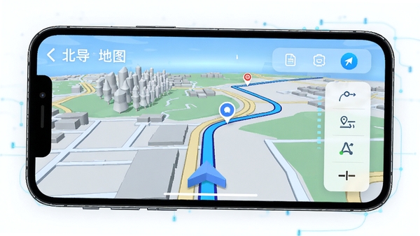 ������ͼ����App����չʾ���ֻ���Ļ��ʾ3D��ͼ�ӽ���·�߹滮����ɫ������ͷָ�����򣬽������ִ����Ƽ���ʮ��
