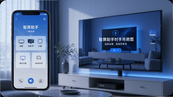 智屏助手手机端一键投屏界面,手机屏幕显示正在搜索附近智能电视设备,客厅电视大屏同步展示连接提示,科技感蓝色调,简洁UI风格