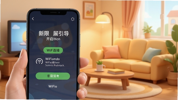 智屏助手新手设置引导界面,手机屏幕显示权限开启步骤与WiFi连接提示,背景为温馨客厅环境,卡通风格插图