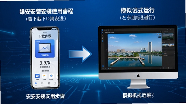 �۰�app��װ��ʹ�ý̳�ʾ��ͼ�������Ϊ�ֻ��˺͵��Զ��������֣��ֻ���չʾ���ذ�װ���裬���Զ�չʾģ�������н��棬�����������ˣ��������ֱ�ע�ͼ�ͷָ��������Ϊ�Ƽ���ɫ��