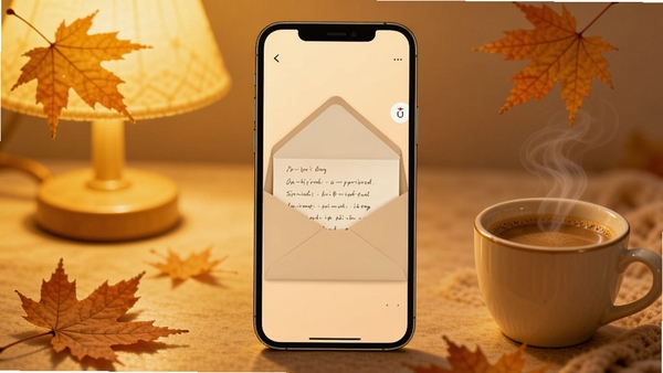 һ��APP��ů���������ֻ�����չʾ������������һ��򿪵���ֽ����������͵�ů��ɫ�ƹ⣬��Χɢ���ż�Ƭ��Ҷ��һ���ȿ��ȣ������Χ������ܰ���ʺ���Ϊ��������ͼ