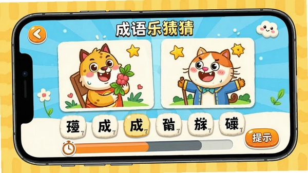成语乐猜猜游戏答题界面,手机屏幕显示一道看图猜成语题目,画面中有生动的图案提示,下方排列着打乱的汉字选项,界面带有计时条和提示按钮,整体风格活泼明快