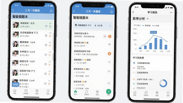 三支一扶题库帮软件界面截图,展示智能错题本和学习报告功能,手机屏幕中呈现清晰的题库列表与数据分析图表