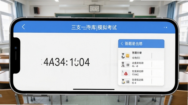 三支一扶题库帮模拟考试界面,手机横屏显示考试倒计时和答题卡,背景为整洁的考场氛围