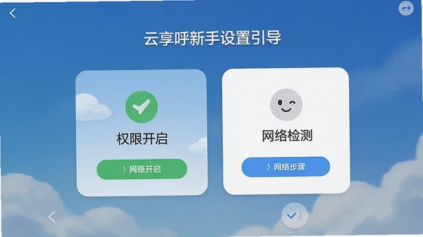 云享呼新手设置引导界面截图,展示权限开启与网络检测步骤,界面简洁友好