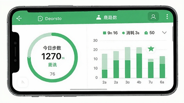 小鹿计步软件主界面截图,展示清新绿色调的步数统计圆环与历史数据柱状图,手机屏幕显示今日步数与消耗卡路里