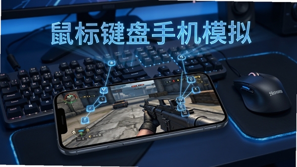 鼠标键盘手机模拟AI生图提示词:一部智能手机屏幕显示射击游戏画面,电脑键盘和鼠标悬浮在手机上方,按键映射连线可视化,科技蓝背景,软件名称“鼠标键盘手机模拟”以全息字体呈现