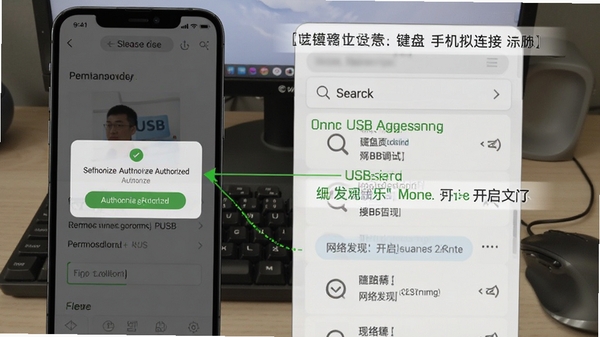 鼠标键盘手机模拟连接设置界面截图,画面展示手机端权限授权弹窗和电脑端设备搜索列表,标注USB调试和网络发现开启位置,辅助说明图文