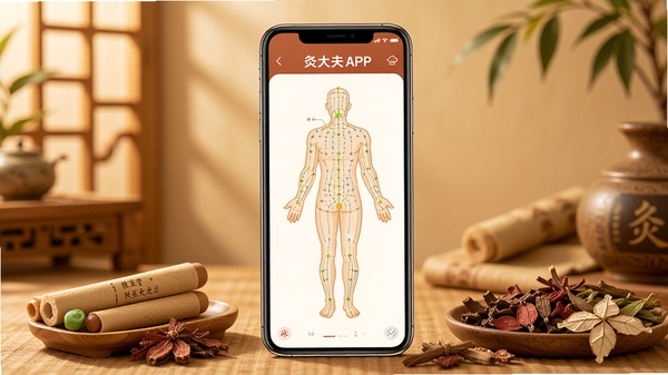 �Ĵ��APP����չʾ���ֻ���Ļ����ʾ���徭��Ѩλͼ���Ա��а���������ҽҩ�ĵ�׺������Ϊůɫ����ҽ������񣬻����������