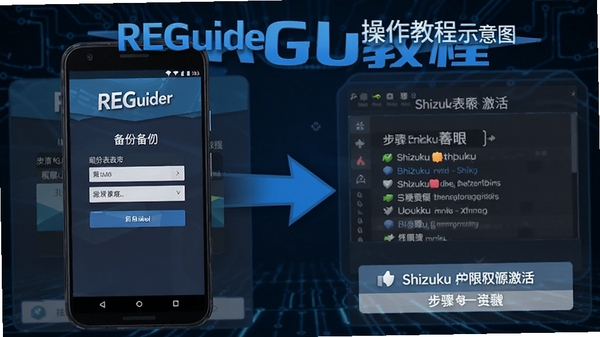 REGuider�����̳�ʾ��ͼ����׿�ֻ���ʾע������ݽ����ShizukuȨ�޼���裬REGuider��������ͻ������ɫ�Ƽ����