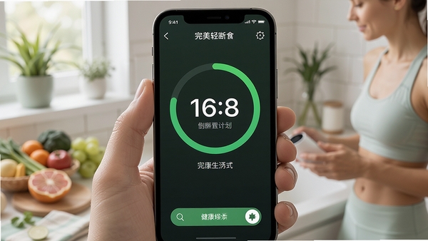 �������ʳApp��ʳ��ʱ���ܽ��棬�ֻ���Ļ��ʾ16:8��ʳ�ƻ�����ʱ����ɫ���Ȼ����������ʽ