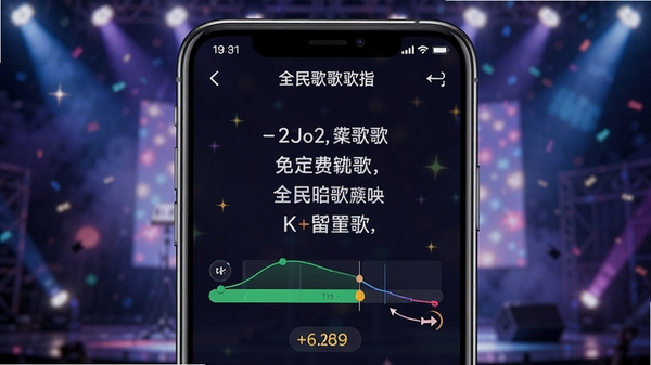 全民唱歌免费歌曲实时评分界面,手机屏幕显示歌词与音准提示条,分数动态变化,背景为舞台灯光效果,突出K歌氛围