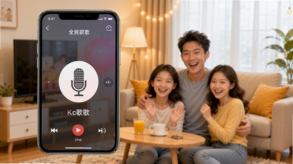 全民唱歌免费歌曲软件主界面展示,手机屏幕中呈现K歌录音界面,背景为温馨家庭客厅,麦克风图标醒目,整体风格清新活泼