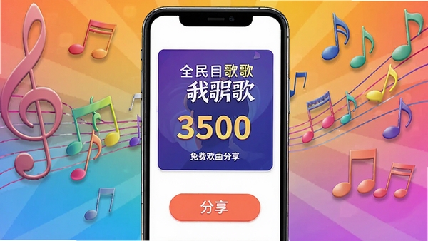 全民唱歌免费歌曲作品分享界面,手机屏幕显示演唱得分海报,带有分享按钮,背景为音乐符号和彩色音符装饰