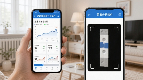 尿康宝智能尿液分析软件主界面,手机屏幕显示健康数据曲线与试纸识别界面,简洁医疗风格,蓝白配色,展示尿常规检测指标,居家健康管理场景