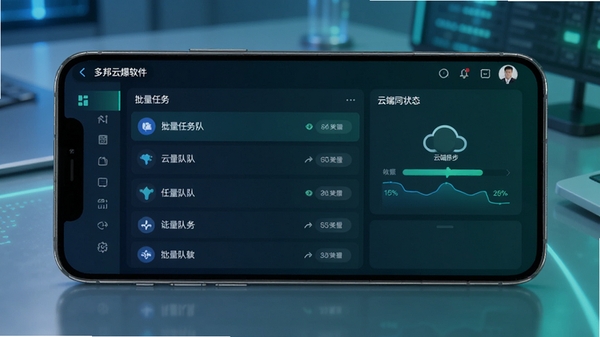 多邦云爆破软件界面展示,手机屏幕上显示批量任务队列与云端同步状态,科技感蓝绿色调,简洁现代UI设计