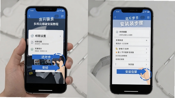 多邦云爆破安装教程示意图,手机屏幕展示权限设置与安装步骤,清晰标注每一步操作位置
