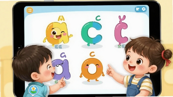 呱呱拼音软件中可爱的卡通拼音字母角色正在和小朋友互动学习