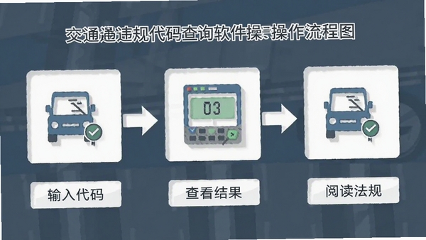 交通违规代码查询软件操作流程图,展示输入代码、查看结果、阅读法规三个步骤,扁平化设计风格