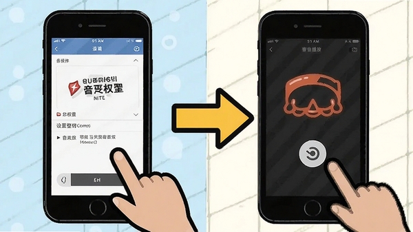 恶搞整蛊我在行使用教程示意图,展示手机设置权限和音效播放界面,突出操作步骤