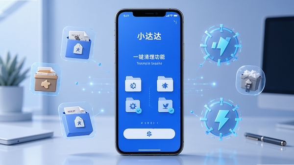 小达清理软件界面展示,手机屏幕显示一键清理功能,周围环绕着垃圾文件图标和加速符号,科技感蓝色调,简洁清新风格