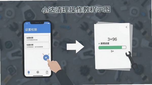 小达清理操作教程示意图,手机屏幕显示设置权限界面和清理进度条,简洁明了的步骤指引,扁平化设计风格
